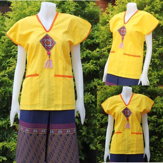 เสื้อพื้นเมือง ผ้าชินมัยแต่เทปที่อกสีเหลือง