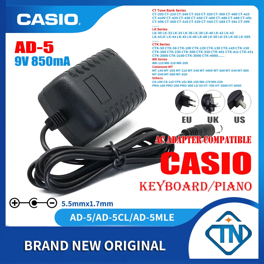 อะแดปเตอร์พาวเวอร์ซัพพลาย 9V 850mA AD-5 สําหรับเปียโนไฟฟ้า Casio CTK-130 CTK-149 CTK-150 CTK-200 CTK-230 CTK-300 CTK-330