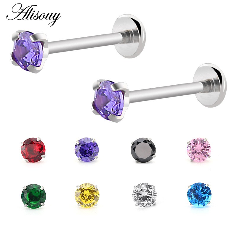 Alisouy 1 ชิ้น 16G เหล็ก Tragus Helix กระดูกอ่อนต่างหูคริสตัลผสมต่างหู Pircings Stud Labret Body เครื่องประดับเจาะ
