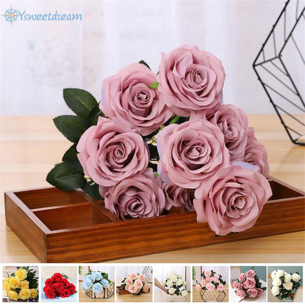 10 Heads Artificial Rose Bouquet Silk Fake Flowers Wedding Party