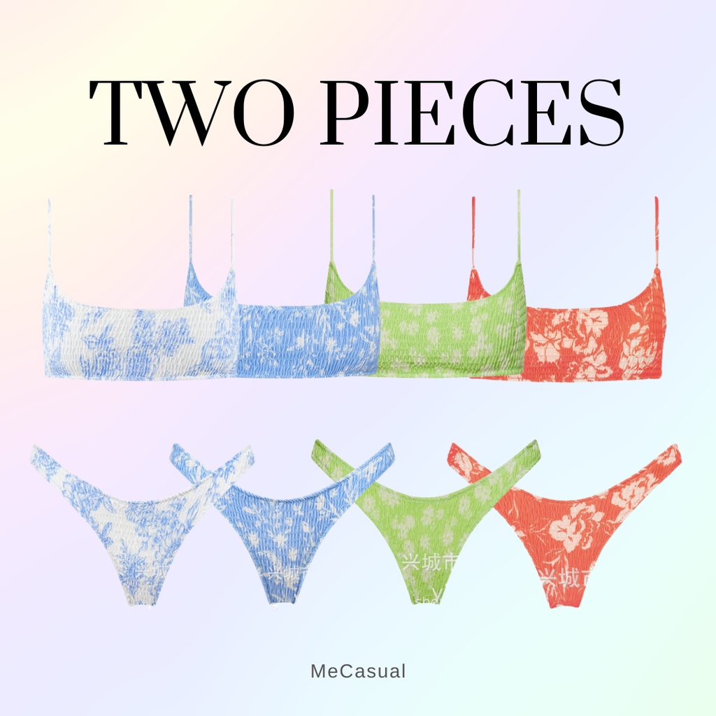 พร้อมส่ง ทูพีชสายเดี่ยวเกาะอก ลายดอก bikini ชุดว่ายน้ำผู้หญิง แบบสม็อค มีซับในและฟองน้ำ สไตล์เกาหลี