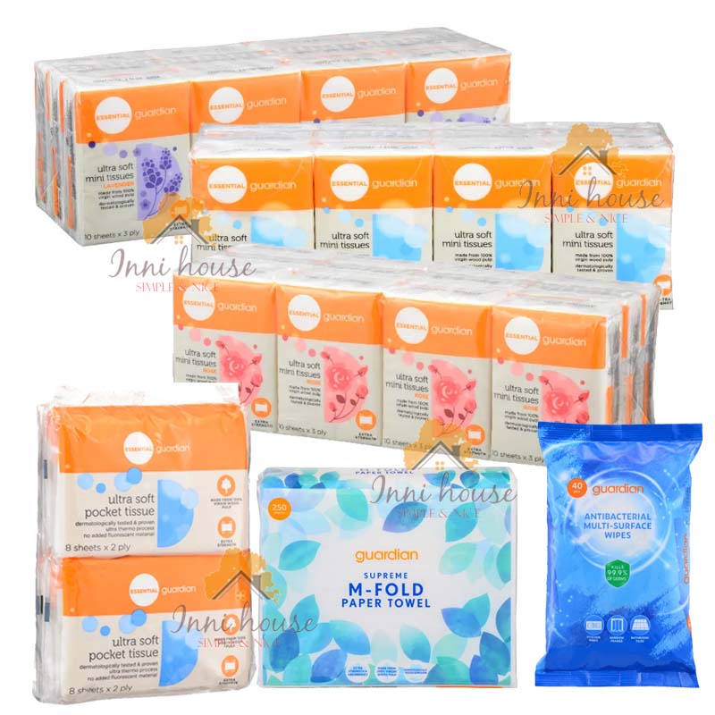 Guardian Face Tissues Pocket 32 X 8s/M พับทิชชู่/ผ้าเช็ดทําความสะอาดหลายพื้นผิวต้านเชื้อแบคทีเรีย 40S/มินิเนื้อเยื่อ 10s x 12