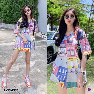 TW14911  Set 2 ชิ้น เสื้อเชิ้ตแขนสั้น กระดุมหน้า + กางเกงขาสั้น เอวยางยืดสม็อกหลัง มีกระเป๋าล้วงข้าง มีซับใน เนื้อผ้าไหม