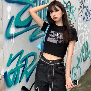 เสื้อครอปท็อปลําลอง ลายกราฟฟิค Goth Harajuku 90s สไตล์วินเทจ พังก์ เซ็กซี่ ฤดูร้อน สําหรับผู้หญิง Y2K