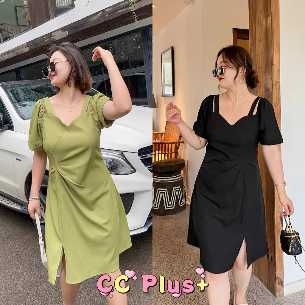 2ชิ้นลด50% (1102) Plussize dress เดรสสั้นสายเดี่ยวมีแขน ดีเทลผ่าปลายข้างเล็กๆ สาวพลัสไซส์สไตล์เกาหลี
