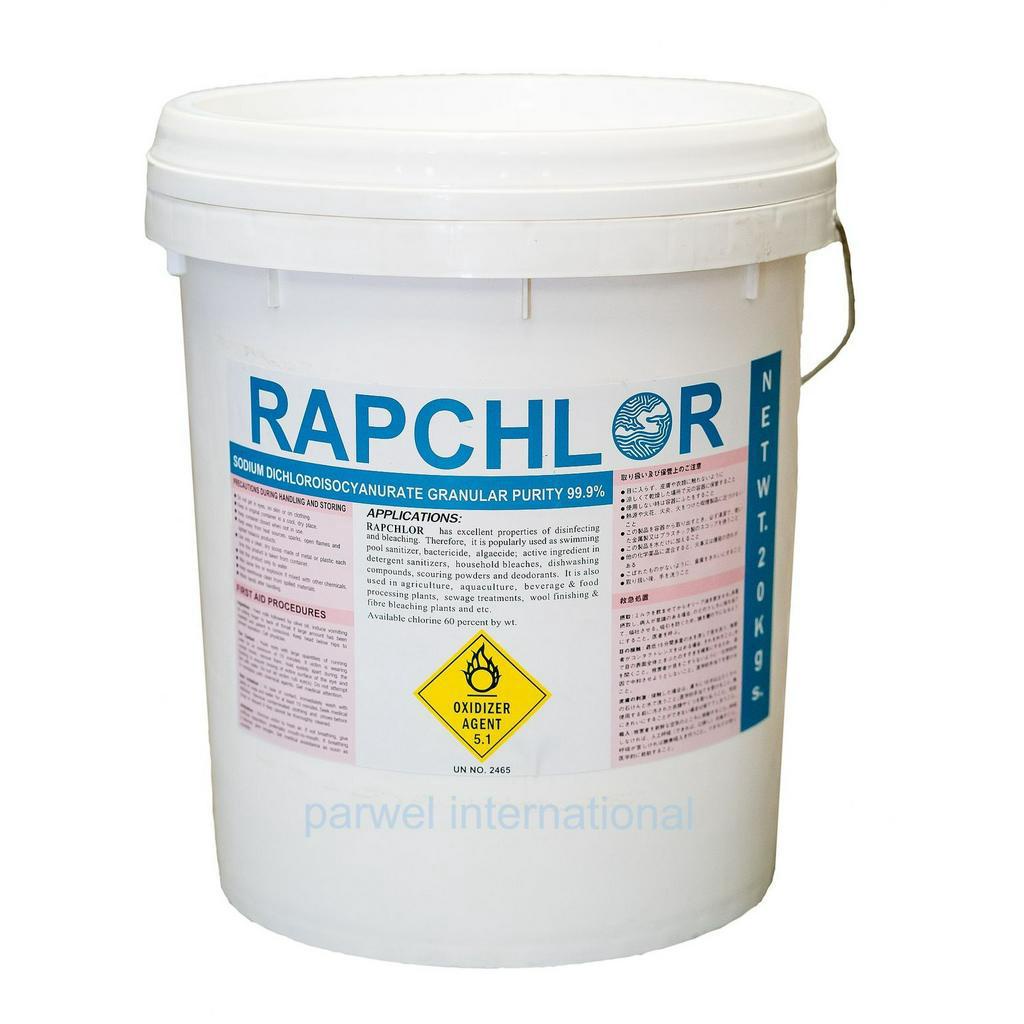 คลอรีน 60% SDIC ชนิดเกล็ด บรรจุ 20 กก. ตรา Rapchlor 60G (6010369-853)