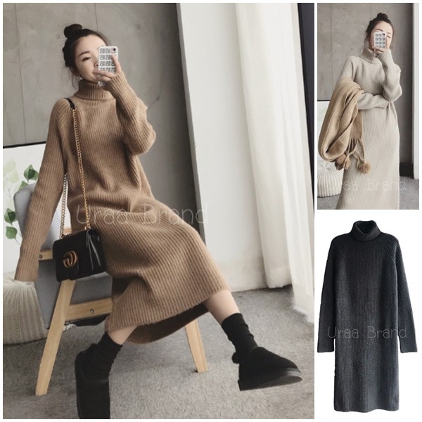5 สี / อก 36-42 นิ้ว / ชุดไหมพรม รุ่น เดรสไหมพรมคอเต่า เดรสยาว Sweater Long Dress-2