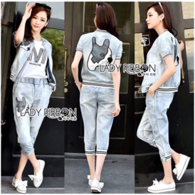 🎀Lady Julian Sporty Embellished Printed Denim Jacket and Pants Set