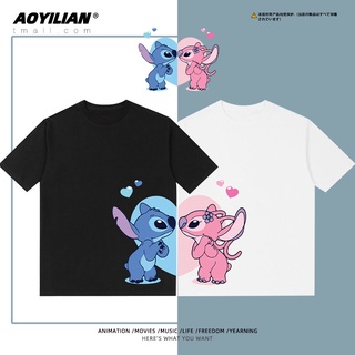 เสื้อยืดโอเวอร์ไซส์Stitch Stitch เสื้อยืดลายการ์ตูนคู่รักแขนสั้นผ้าฝ้ายแท้หลวมครึ่งแขนเสื้อ ins tide brandS-4XL