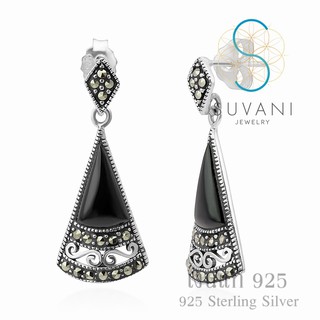 Suvani Jewelry - เงินแท้ 92.5% ต่างหูปักก้านหินโอนิคส์ หรือ นิลดำ ฝังด้วยหินมาร์คาไซท์ เครื่องประดับเงินแท้