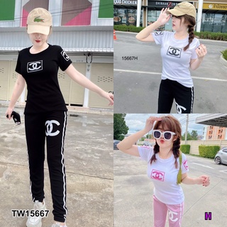 TwinsShopVip💗พร้อมส่ง TW15667 set 2 ชิ้น เสื้อยืดแขนสั้นสกรีนโลโก้ + กางเกงเลคกิ้งขายาวแถบข้าง Set of 2 pieces