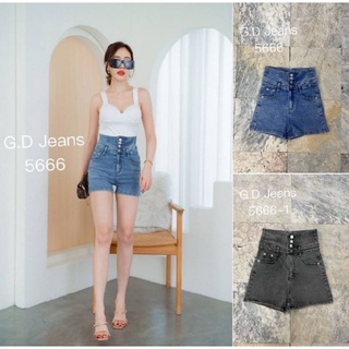 G.D.Jeans รุ่น 5666#กางเกงยีนส์แฟชั่นขาสั้นผ้ายืดเอวสูงฟอกสียีนส์ฟ้าแต่งเชือกตาไก่หลังเอวแบบสุดเก๋