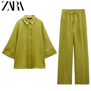 Zara ฤดูร้อนใหม่ย้อนยุคปกหลวมเสื้อ + กางเกง 8297352 8266352