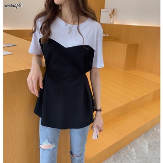 เสื้อยืดแขนสั้น แบบเย็บติดกัน สองชิ้น แฟชั่นฤดูร้อน สําหรับผู้หญิง
