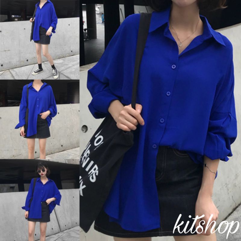 KT01 เสื้อเชิ้ตสีน้ำเงิน คอปกแขนยาว มีกระดุมด้านหน้า และปลายแขน ผ้าไหมอิตาลี ใส่แล้วเย็นสบาย ดูดีมีราคา