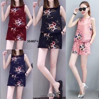 PP3646 เสื้อแขนกุดพิมพ์ลายดอกไม้+กางเกงขาสั้น