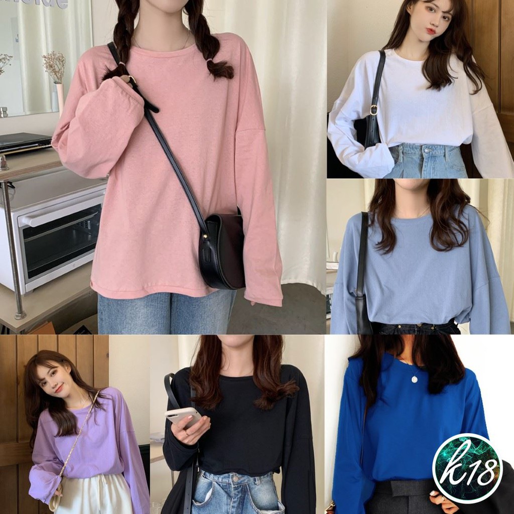 K18 Korean เสื้อโอเวอร์ไซส์ แขนยาว สีพื้น 13 สี