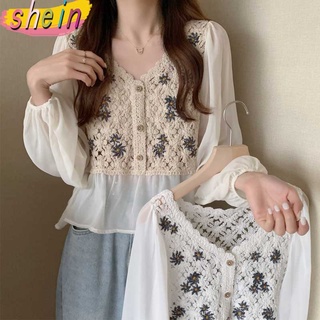 shein 612 เสื้อลูกไม้สวย เสื้อครอป ท็อป ผ้าถักงานปักดอกทานตะวันเสื้อซีทรูตะมุตะมิน่ารักมากๆ เสื้อชีฟองปักลาย