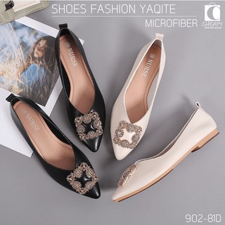 ร้องเท้าคัชชู​ ทรงหัวแหลม​ รุ่น Yaqite อะไหล่เพชร ส้นเตี้ย​ หนัง microfiber​ รองเท้า​แฟชั่นผู้หญิง พร้อมส่ง cheapy2shop