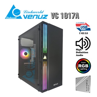 VENUZ Acrylic Side ATX Computer Case VC 1917A with RGB LED Lighting &amp; VF1298 120mm Rainbow RGB Fan – Black