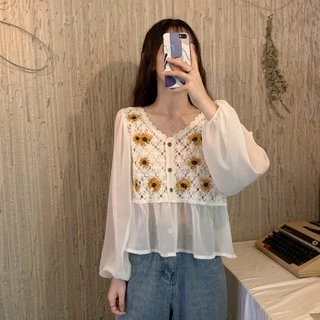 Cicishop(พร้อมส่ง)NEW IN เสื้อครอปผ้าถักงานปักดอกทานตะวันชายเสื้อซีทรูตะมุตะมิน่ารักมากๆ(A19/A199)