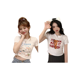 ส่งไวจากไทย[SELLDA]เสื้อครอปเอวลอย เสื้อผ้าแฟชั่นเกาหลี ลายการ์ตูน เสื้อแขน เสื้อรัดรูป:014#ขาว,2XL