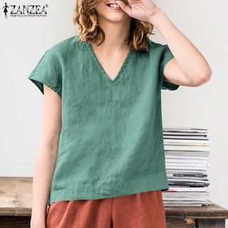 Zanzea เสื้อเบลาส์ลําลอง คอวี แขนทรงหมวก ทรงหลวม สีพื้น สไตล์วินเทจ สําหรับผู้หญิง