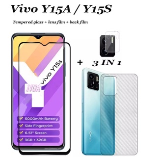 3in1 Vivo Y15S 2021 ฟิล์มเลนส์กล้อง + ฟิล์มกระจกเต็มจอ+ ฟิล์มหลัง ฟิล์มกันกระแทกขอบดำ