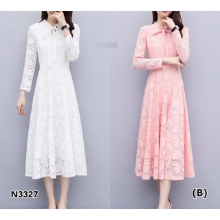 N3327แม็กซี่เดรสลูกไม้แขนยาว งานลูกไม้เนื้อดี ลายสวย