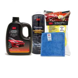 3M แชมพูล้างรถ PN39000W + ฟองน้ำล้างรถ 3M + ผ้าชามัวส์ Chamois Auto Care + ผ้าไมโครไฟเบอร์ สีฟ้า 30x30 cm