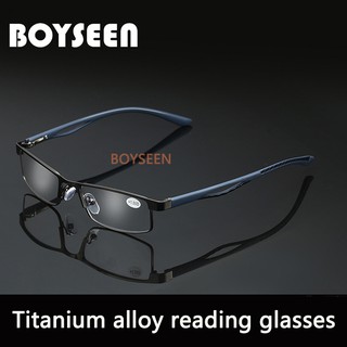 BOYSEEN แว่นอ่านหนังสือโลหะผสมไทเทเนียม Aspheric เลนส์เคลือบ 12 ชั้นสไตล์ย้อนยุคแว่นอ่านหนังสือ 140