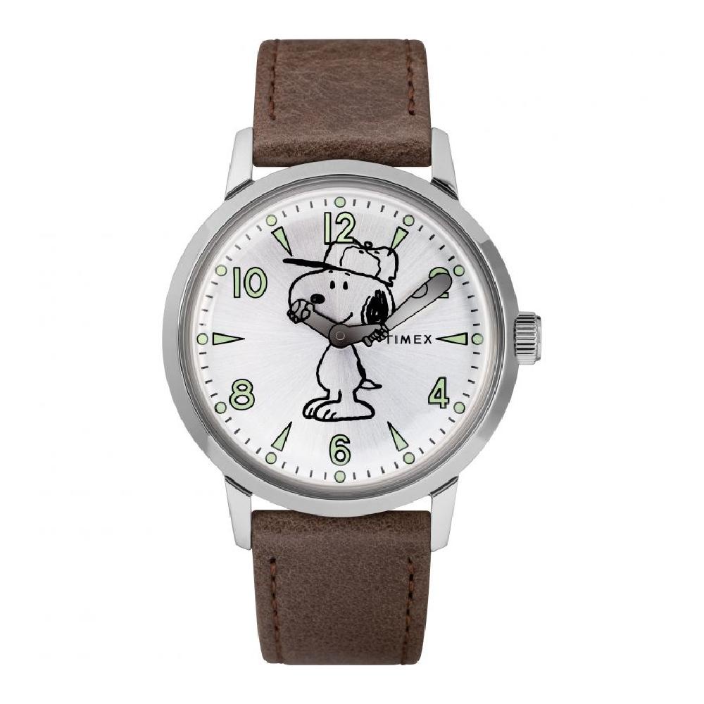 Timex TW2R94900 Welton x Peanuts Snoopy Baseball นาฬิกาข้อมือผู้ชาย สายหนัง สีน้ำตาล หน้าปัด 40 มม.