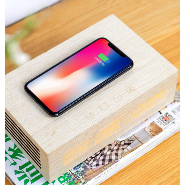 Homtime M9-Qi Wireless Charging Wooden Bluetooth Alarm Clock Speaker