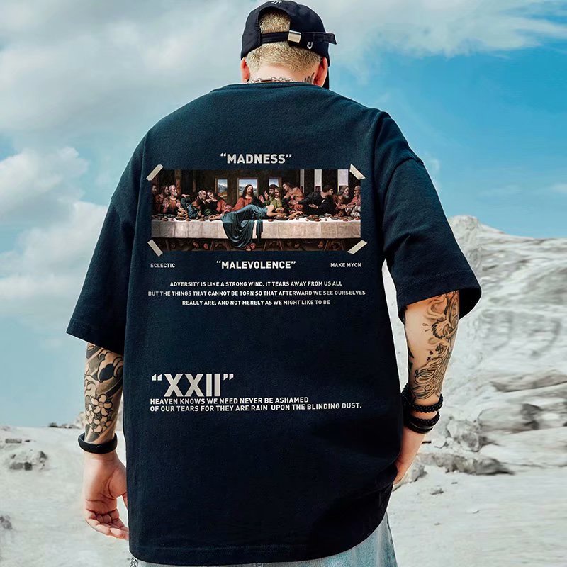 S-8XL Tide แบรนด์ยุโรปและสไตล์อเมริกันย้อนยุคกระยาหารมื้อสุดท้ายพิมพ์เสื้อยืดแขนสั้นสำหรับผู้ชายและผู้หญิงคู่อินเทรนด์หลวมขนาดใหญ่ป่าเยาวชนแขนห้าจุด