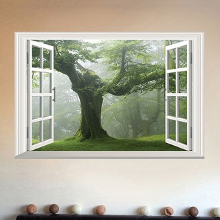 Old Forest Tree 3D Window View ห้องนั่งเล่นสีเขียวสติ๊กเกอร์ติดผนังบ้าน DIY รูปลอก