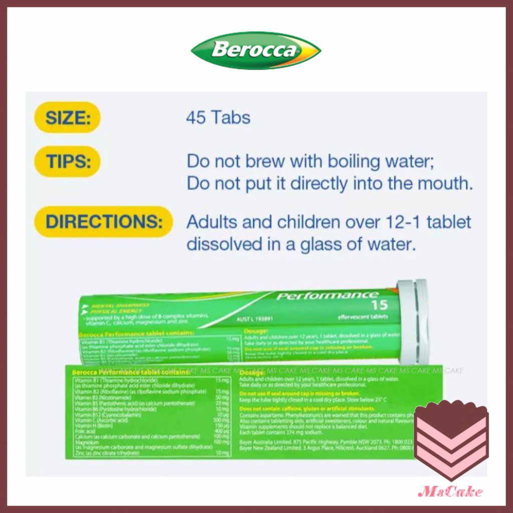 Berocca Australia Vitamin C Vitamin B Zinc Effervescent 45 Tablets