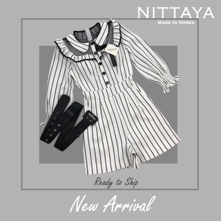 Nittaya จั๊มสูทขาสั้นลายทางแขนยาว คอปกระบาย ช่วงอกแต่งผ้าซีทรู