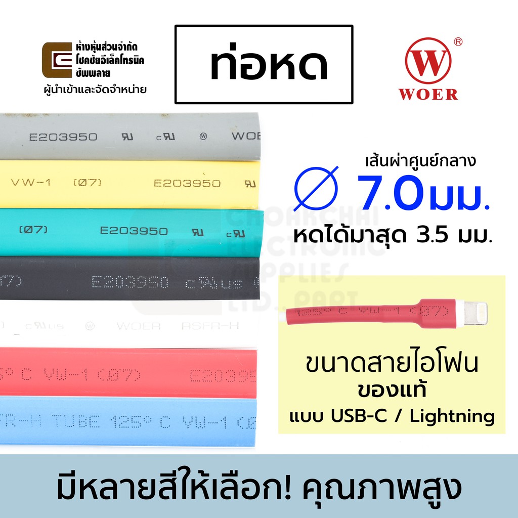 Woer ท่อหด ขนาด 7มม สำหรับต่อสายชาร์จ ใช้กับสายไอโฟน มีหลายสีให้เลือก (หดได้มากสุด 3.5มม) ยาว 1เมตร รุ่น RSFR-H