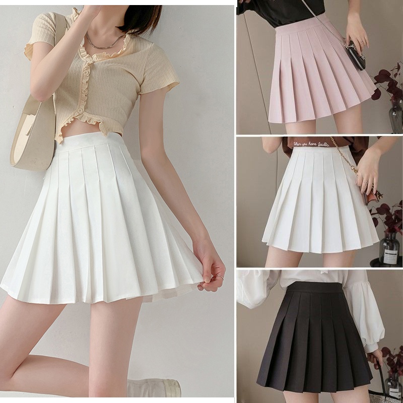 7ส XS-3XL สีพื้น กระโปรงพลี กระโปรงสั้นที่ดีและเอวสูง