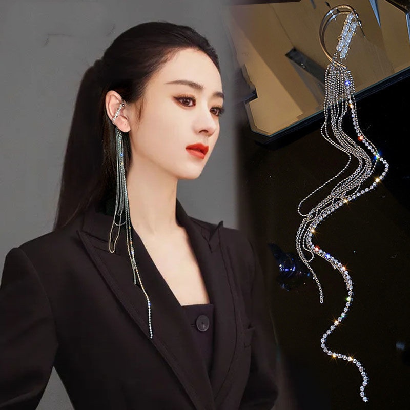 ต่างหูพู่เพชรประดับยาวสุดแบบไม่มีคลิปหูพายต่างหูยาวมุกประดับเพชร