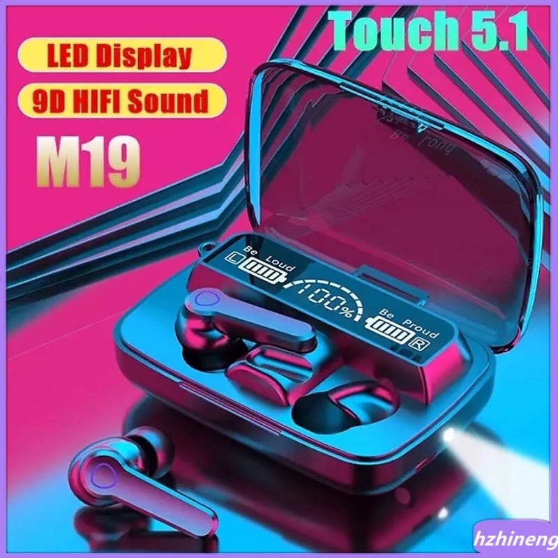 New TWS M19 BT5.1 หูฟังไร้สาย 3D จอแสดงผล Led Ipx7 CVC 8.0 ตัดเสียงรบกวนพร้อมที่ชาร์จกล่องหูฟัง