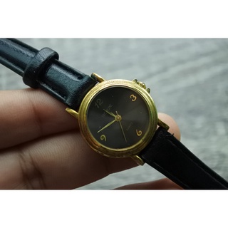 นาฬิกา Vintage มือสองญี่ปุ่น BRORGNEระบบQuartz ผู้หญิง ทรงกลม กรอบทอง หน้าดำ หน้าปัด 27mm