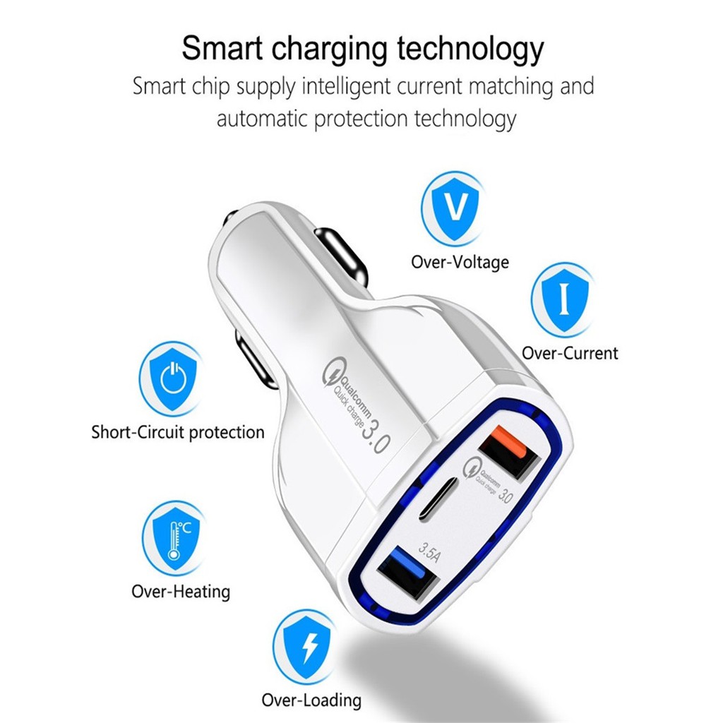ที่ชาร์จแบตในรถ ที่ชาร์จในรถยนต์  3 พอร์ต ชาร์จเร็ว Quick Charge 3.0 7A micro usb + Type-c
