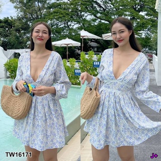 TW16171 เดรสสั้น ลูกไม้ กระโปรงจับจีบทวิส + ซิปหลัง + แขนยาวจับจีบ