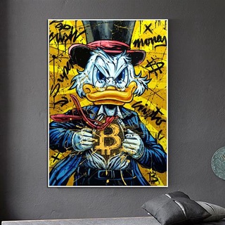 Bitcoin ภาพวาดผ้าใบ ลายกราฟฟิติ เป็ดโดนัลด์ แนวสตรีท สําหรับตกแต่งผนังบ้าน