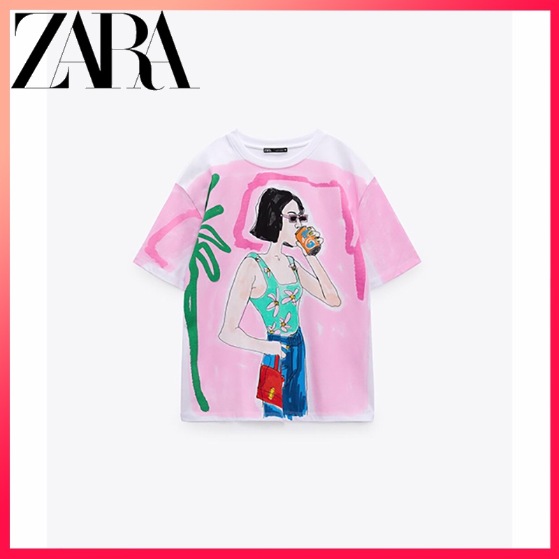 Zara เสื้อยืด พิมพ์ลายกลิตเตอร์ สีตัดกัน แฟชั่นฤดูร้อน สําหรับผู้หญิง