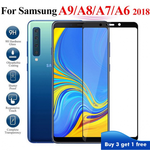 กระจกนิรภัย แบบเต็มจอ สีดํา สําหรับ Samsung A2 A5 A6 A7 A8 A9 A01 A02S Core Star Lite Pro Plus 2016 2017 2018 0