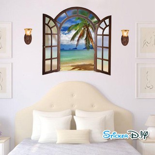 SALE Wall Sticker สติ๊กเกอร์ติดผนังสามมิติ 3D หน้าต่าง BEACH B (กว้าง100cm.xสูง65cm.)