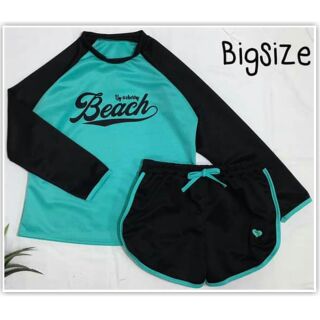 ชุดว่ายน้ำBigsize เสื้อ+กางเกง สกรีนลาย Beach