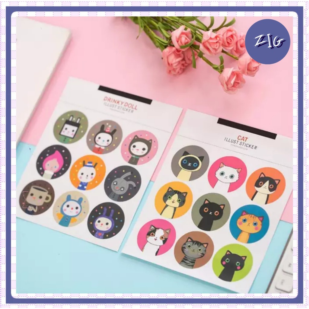 ZIGSHOP - 🐱 สติ๊กเกอร์กลม ลายแมว แผ่นละ 9 บาทเท่านั้น Cat Illust Sticker สติ๊กเกอร์กลมหน้าแมว 🐱